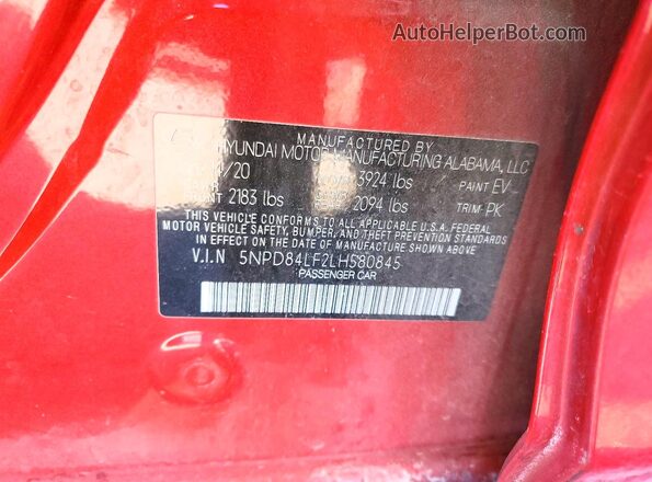 5NPD84LF2LH580845 2020 HYUNDAI ELANTRA Red Вид підкапотного простору