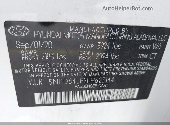 5NPD84LF2LH623144 2020 HYUNDAI ELANTRA White Вид підкапотного простору