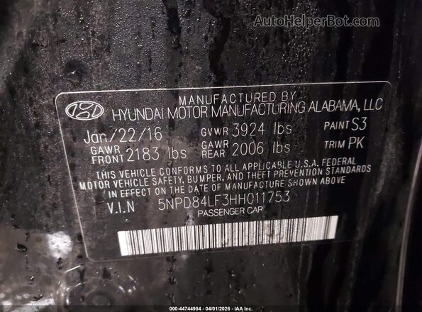 5NPD84LF3HH011753 2017 HYUNDAI ELANTRA Black 