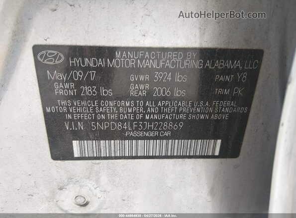 5NPD84LF3JH228869 2018 HYUNDAI ELANTRA Silver 