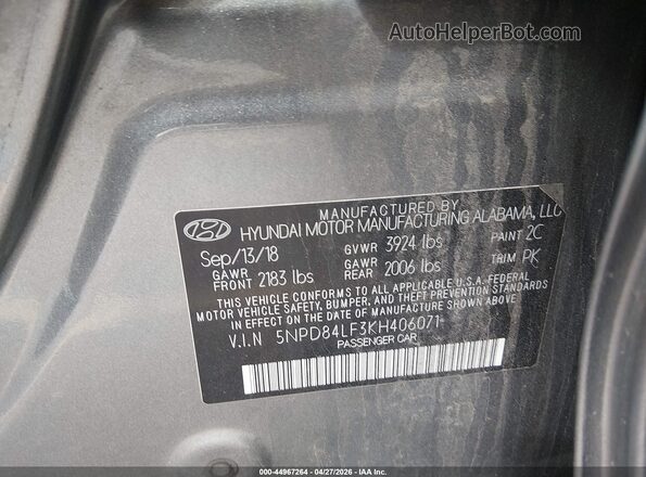 5NPD84LF3KH406071 2019 HYUNDAI ELANTRA Silver Widok komory silnika