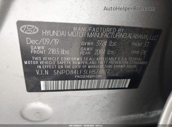 5NPD84LF3LH573077 2020 HYUNDAI ELANTRA Silver Engine compartment view