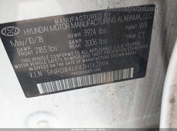 5NPD84LF4JH362094 2018 HYUNDAI ELANTRA White Շարժիչի բաժամունքի տեսք