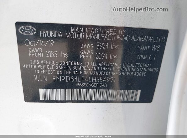 5NPD84LF4LH554991 2020 HYUNDAI ELANTRA Белый Вид подкапотного пространства