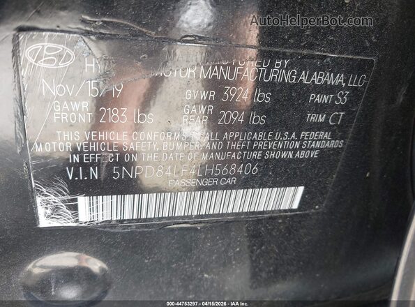 5NPD84LF4LH568406 2020 HYUNDAI ELANTRA Black Engine compartment view