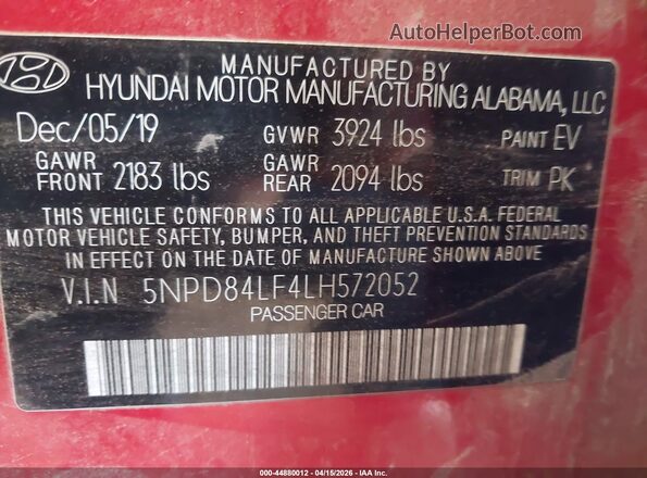 5NPD84LF4LH572052 2020 HYUNDAI ELANTRA Красный Вид подкапотного пространства