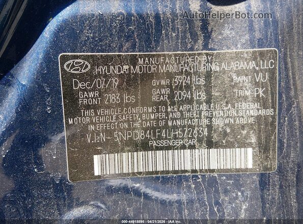5NPD84LF4LH572634 2020 HYUNDAI ELANTRA Blue ძრავის განყოფილების ხედი