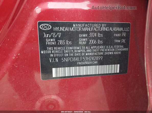 5NPD84LF5JH242899 2018 HYUNDAI ELANTRA Красный Вид подкапотного пространства