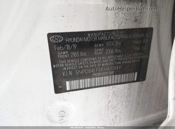 5NPD84LF5KH470449 2019 HYUNDAI ELANTRA White Widok komory silnika