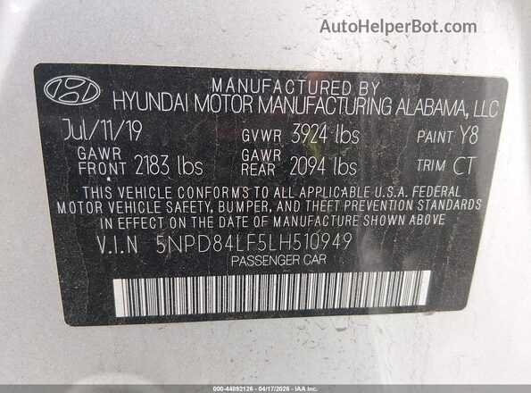 5NPD84LF5LH510949 2020 HYUNDAI ELANTRA Silver ძრავის განყოფილების ხედი