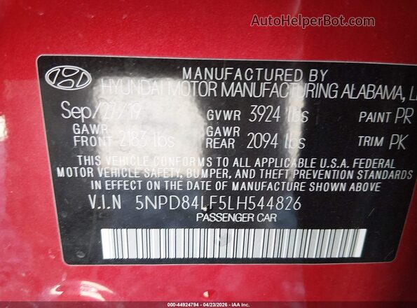 5NPD84LF5LH544826 2020 HYUNDAI ELANTRA Red 