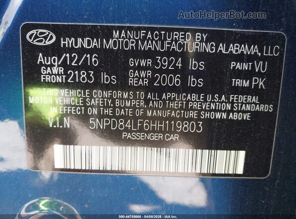 5NPD84LF6HH119803 2017 HYUNDAI ELANTRA Синий Вид подкапотного пространства