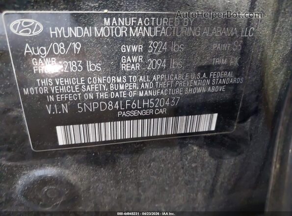 5NPD84LF6LH520437 2020 HYUNDAI ELANTRA Black Շարժիչի բաժամունքի տեսք