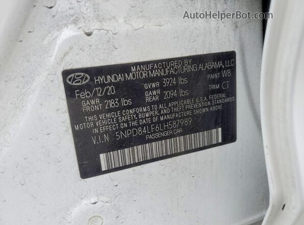 5NPD84LF6LH587989 2020 HYUNDAI ELANTRA White Вид наклейки з VIN-кодом