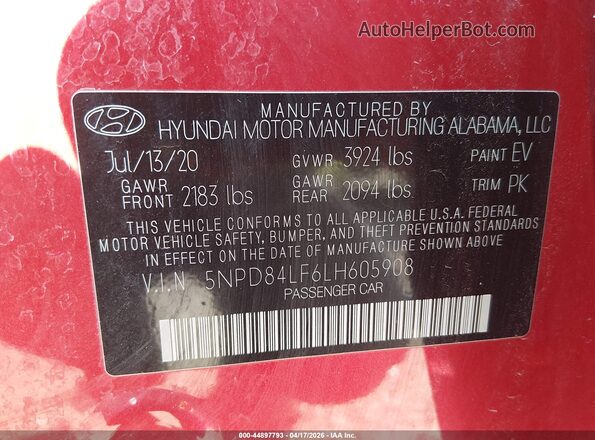 5NPD84LF6LH605908 2020 HYUNDAI ELANTRA Red Widok komory silnika