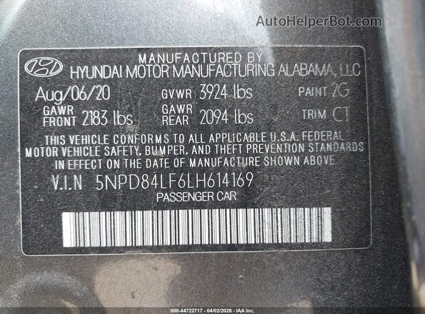 5NPD84LF6LH614169 2020 HYUNDAI ELANTRA Gray Շարժիչի բաժամունքի տեսք
