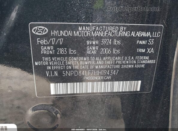 5NPD84LF7HH194347 2017 HYUNDAI ELANTRA Black Շարժիչի բաժամունքի տեսք