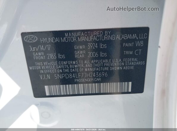 5NPD84LF7JH243696 2018 HYUNDAI ELANTRA White ძრავის განყოფილების ხედი