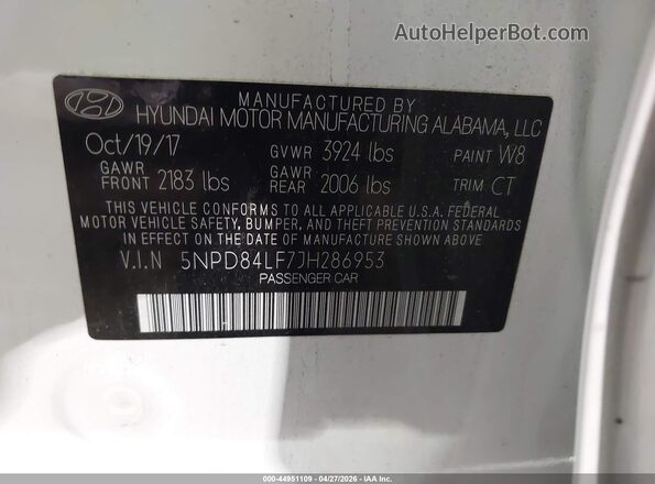5NPD84LF7JH286953 2018 HYUNDAI ELANTRA White Շարժիչի բաժամունքի տեսք
