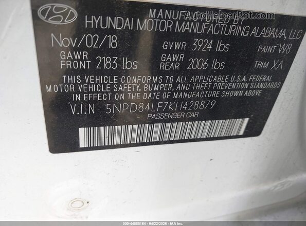 5NPD84LF7KH428879 2019 HYUNDAI ELANTRA White Շարժիչի բաժամունքի տեսք