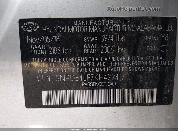 5NPD84LF7KH429417 2019 HYUNDAI ELANTRA White Вид підкапотного простору