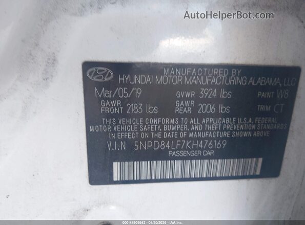 5NPD84LF7KH476169 2019 HYUNDAI ELANTRA Белый 