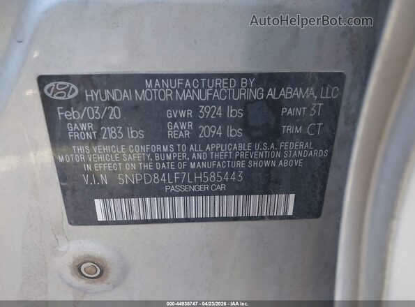 5NPD84LF7LH585443 2020 HYUNDAI ELANTRA Серебряный Вид подкапотного пространства