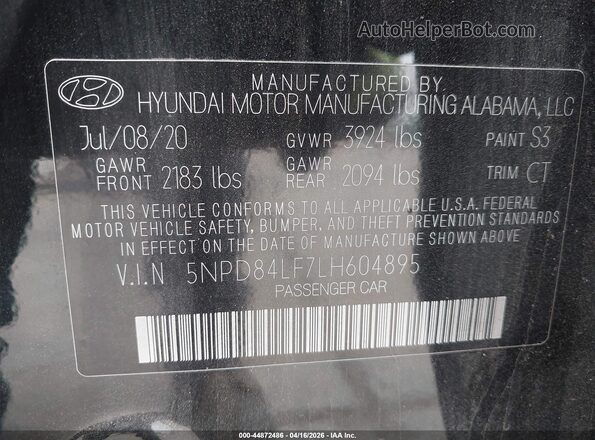 5NPD84LF7LH604895 2020 HYUNDAI ELANTRA Black Շարժիչի բաժամունքի տեսք