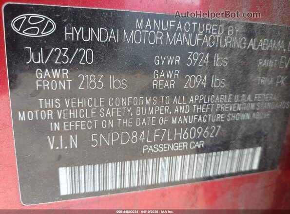 5NPD84LF7LH609627 2020 HYUNDAI ELANTRA Red Вид підкапотного простору
