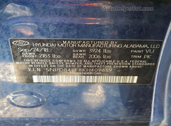 5NPD84LF8KH409659 2019 HYUNDAI ELANTRA Blue Շարժիչի բաժամունքի տեսք
