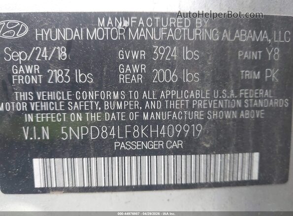 5NPD84LF8KH409919 2019 HYUNDAI ELANTRA Серебряный Вид подкапотного пространства
