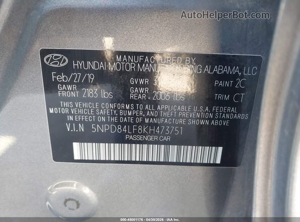 5NPD84LF8KH473751 2019 HYUNDAI ELANTRA Gray ძრავის განყოფილების ხედი