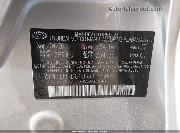 5NPD84LF8LH625089 2020 HYUNDAI ELANTRA Silver Engine compartment view