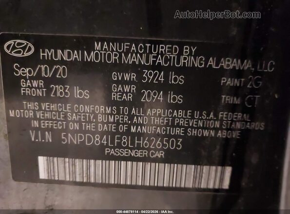 5NPD84LF8LH626503 2020 HYUNDAI ELANTRA Gray Widok komory silnika