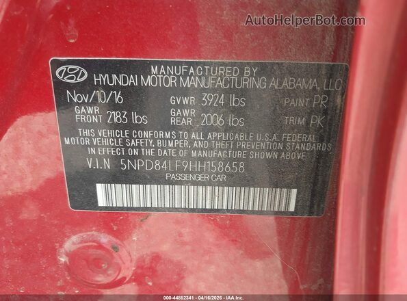 5NPD84LF9HH158658 2017 HYUNDAI ELANTRA Red 
