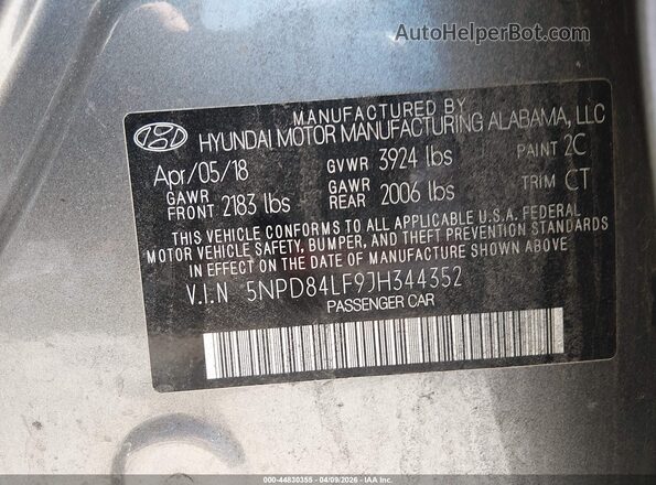 5NPD84LF9JH344352 2018 HYUNDAI ELANTRA Gray Вид підкапотного простору