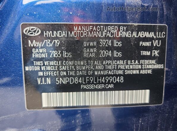 5NPD84LF9LH499048 2020 HYUNDAI ELANTRA Blue 