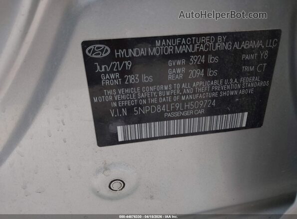 5NPD84LF9LH509724 2020 HYUNDAI ELANTRA Silver Vista del compartimento del motor