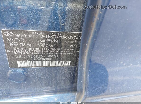 5NPD84LFXKH481723 2019 HYUNDAI ELANTRA Blue Vista del compartimento del motor