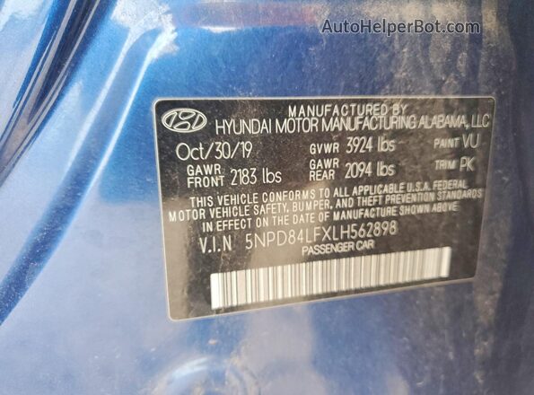 5NPD84LFXLH562898 2020 HYUNDAI ELANTRA Blue Vista del compartimento del motor