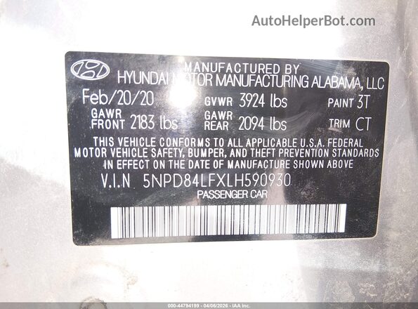 5NPD84LFXLH590930 2020 HYUNDAI ELANTRA Silver Շարժիչի բաժամունքի տեսք