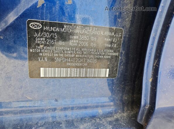 5NPDH4AE2GH736026 2016 HYUNDAI ELANTRA Blue Вид підкапотного простору