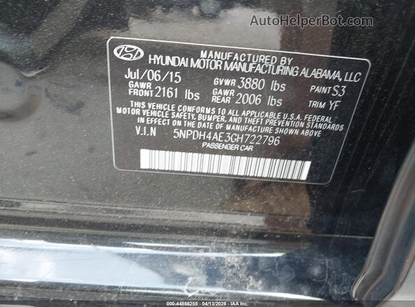 5NPDH4AE3GH722796 2016 HYUNDAI ELANTRA Black Widok komory silnika