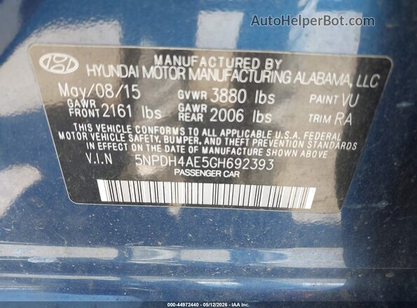 5NPDH4AE5GH692393 2016 HYUNDAI ELANTRA Dark Blue ძრავის განყოფილების ხედი