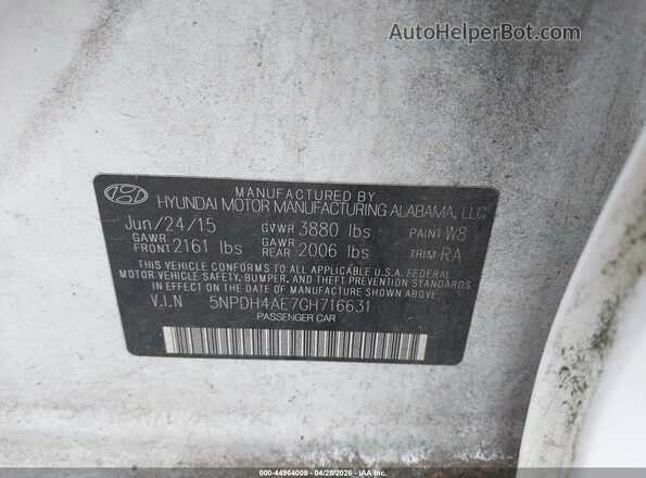 5NPDH4AE7GH716631 2016 HYUNDAI ELANTRA White ძრავის განყოფილების ხედი