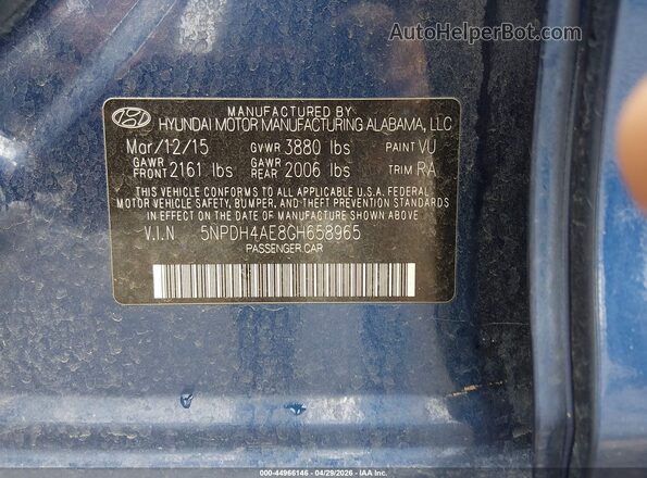 5NPDH4AE8GH658965 2016 HYUNDAI ELANTRA Blue ძრავის განყოფილების ხედი