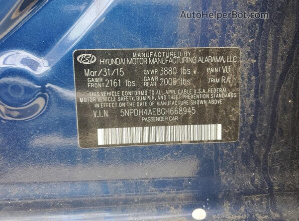 5NPDH4AE8GH668945 2016 HYUNDAI ELANTRA Blue Engine compartment view