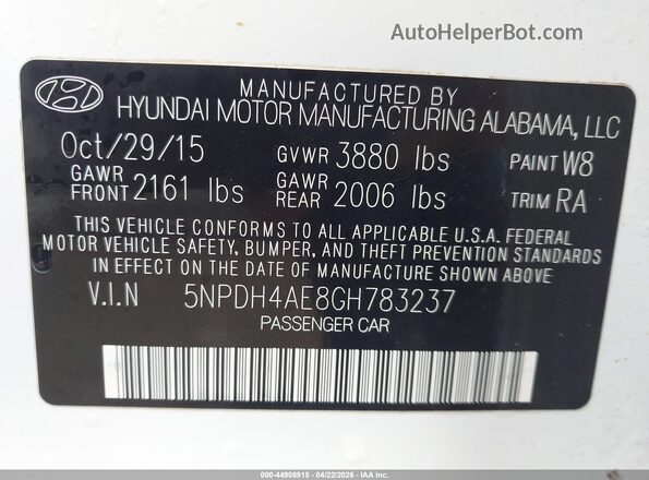 5NPDH4AE8GH783237 2016 HYUNDAI ELANTRA White Շարժիչի բաժամունքի տեսք