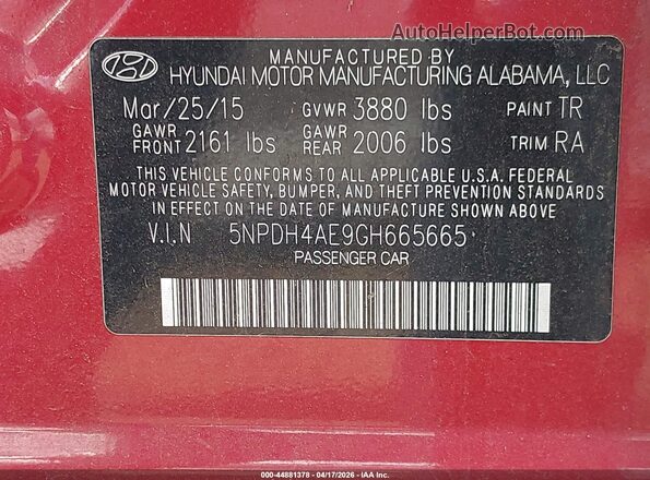 5NPDH4AE9GH665665 2016 HYUNDAI ELANTRA Red Vista del compartimento del motor