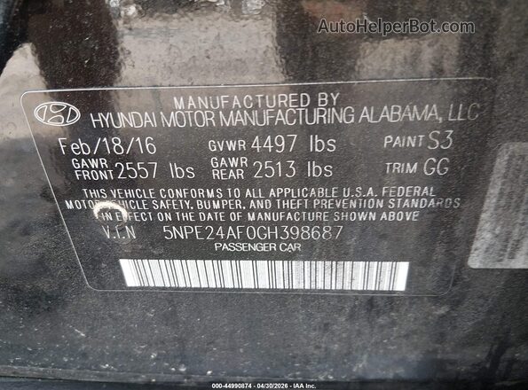 5NPE24AF0GH398687 2016 HYUNDAI SONATA Black Vista del compartimento del motor